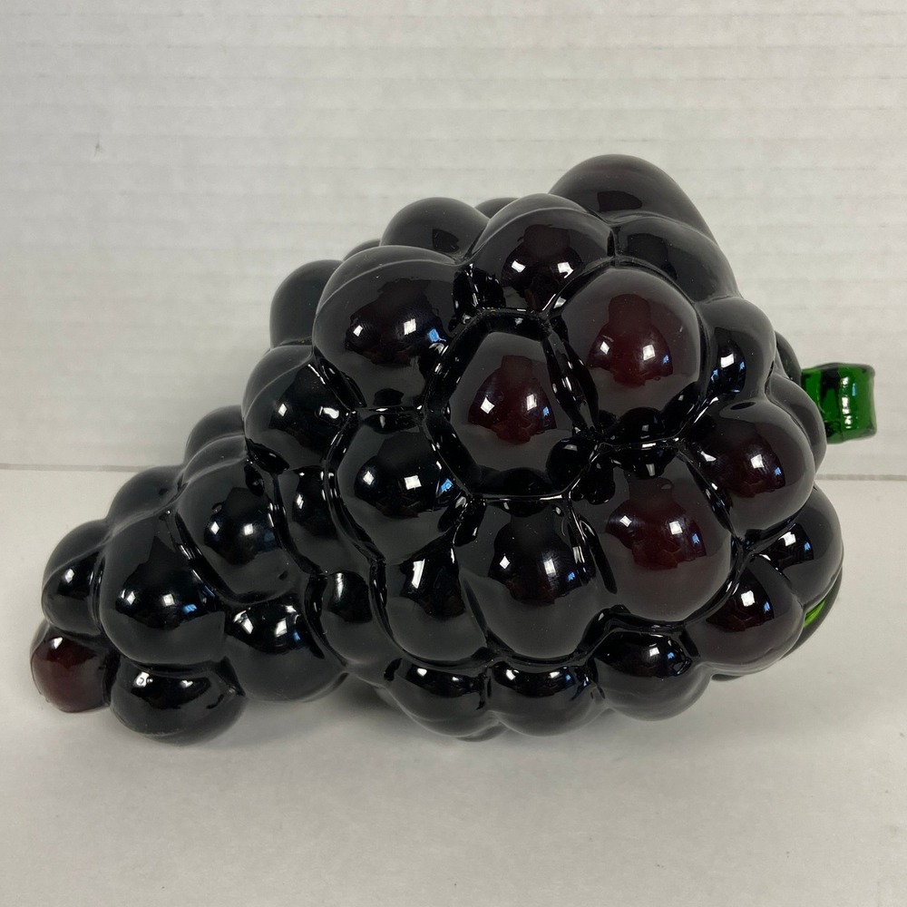 Vintage Hand Blown Art Glass Grape Cluster Dark Purple Black Green Leaf Stem